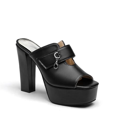 WOkismD 11.5CM Frauen High Heels Dicke Sohle Mode Komfortable Slip-On Square Open Toe Chunky Heel Sandalen Hausschuhe,Schwarz,48 EU von WOkismD