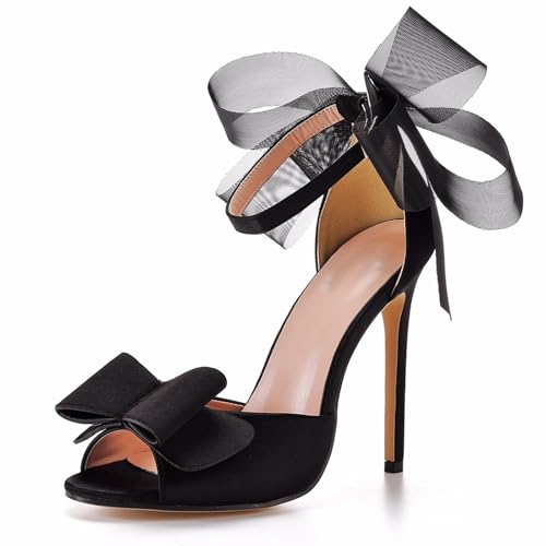WOkismD 11CM Damen Schleife Stiletto High Heeled Sandalen Kleid Hochzeit Party Schuhe für Damen,Schwarz,39 EU von WOkismD