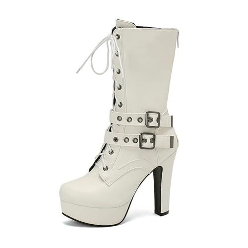 WOkismD 12 cm Mid-Calf Ritter Stiefel Runde Zehe Dicke Unterseite Block Ferse Super High Heel Gürtelschnalle Vorne Lace-Up Kurze Stiefel,Weiß,37 EU von WOkismD