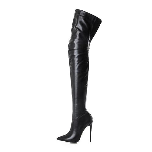 WOkismD 12CM/4.72IN Overknee-Stiefel PU Mit Superdünnem Absatz, Modische, Spitze Zehenpartie, Sexy, Große Overknee-Stiefel,Schwarz,43 EU von WOkismD