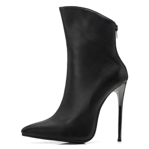 WOkismD 12CM/4.72IN Stiletto High Heel Kurze Stiefel Zurück Reißverschluss Spitz Toe Schwarz Große Größe Stiefeletten,Schwarz,48 EU von WOkismD