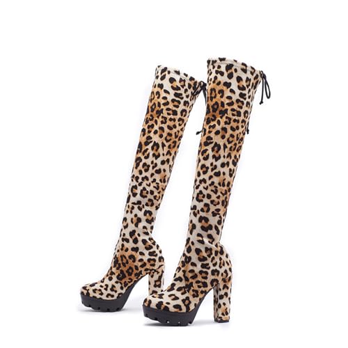 WOkismD 12CM/4.72IN Wildleder Mode Sexy Nachtclub Dicke Ferse High Heel Über Das Knie Leopard Print Stiefel für Frauen,Braun,42 EU von WOkismD