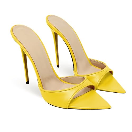 WOkismD 12CM / 4.7IN Damen Pantoletten mit Absatz Spitze Peep Toe High Heels Slip on Backless Mule Sandalen Kleid Schuhe,Gelb,40 EU von WOkismD
