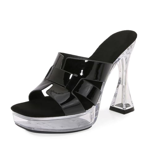 WOkismD 12CM Clear Heels für Frauen Transparent Block Chunky Heel Sandalen Open Toe Slip On Sandalen,Schwarz,35 EU von WOkismD