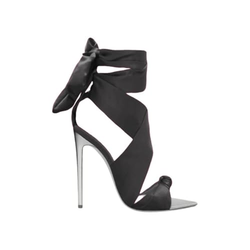 WOkismD 12CM Damen Fliege Sandalen mit Absatz Stiletto Heels EIN Riemen Knöchelkleid Hochzeitsschuhe,Schwarz,36 EU von WOkismD
