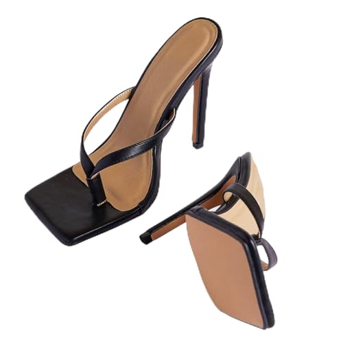 WOkismD 12CM Damen Flip Flops zum Hineinschlüpfen Offene Zehen Thong Quadratischer Slide Sommer Mode Party Elegante Sandalen,Schwarz,36 EU von WOkismD