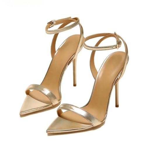 WOkismD 12CM Damen Spitze Knöchelriemen Ferse Sandalen Offene Zehe Kleid Abend Party Schuhe,Gold,43 EU von WOkismD