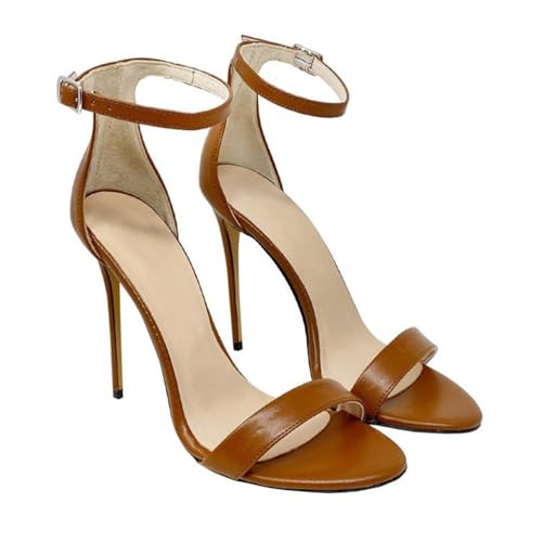WOkismD 12CM Frauen Riemchen Schnürung Knöchelriemen Fersen Runde offene Zehenpartie Stiletto High Heels Sandalen,Braun,45 EU von WOkismD