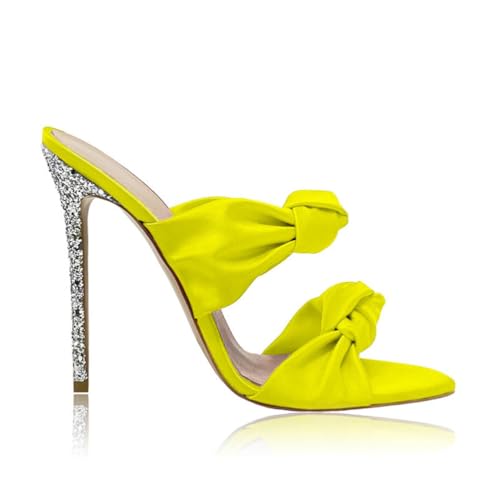 WOkismD 12CM Frauen Stiletto Heel Mules Plattform Schleife Runde Offene Zehen Slip-On Mule Sandalen,Gelb,41 EU von WOkismD