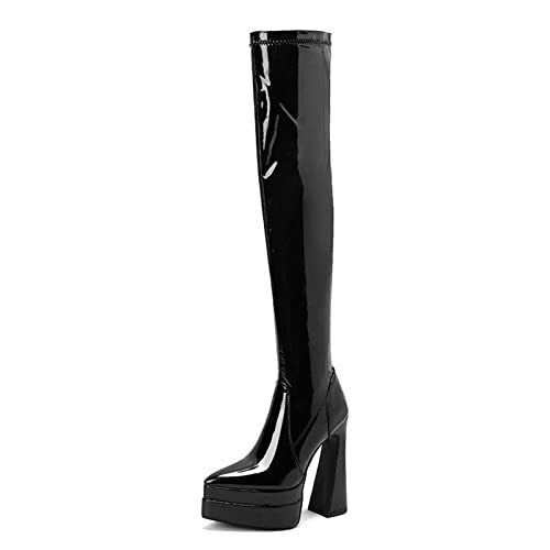 WOkismD 14CM / 5.51IN Glänzende Overknee-Stiefel Aus Lackleder Mit Dicken Absätzen Und Hohen Absätzen,Schwarz,39 EU von WOkismD
