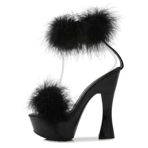 WOkismD 14CM Damen Plateau Offene Zehenpartie Knöchelriemen Flauschige Feder High Heel Kleid Sandale,Schwarz,39 EU von WOkismD