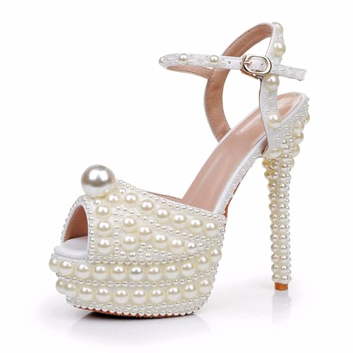 WOkismD 14CM Damen Plattform Hochzeitsschuhe Slingback High Heel Party Abend Sandalen mit Perle,Beige,34 EU von WOkismD