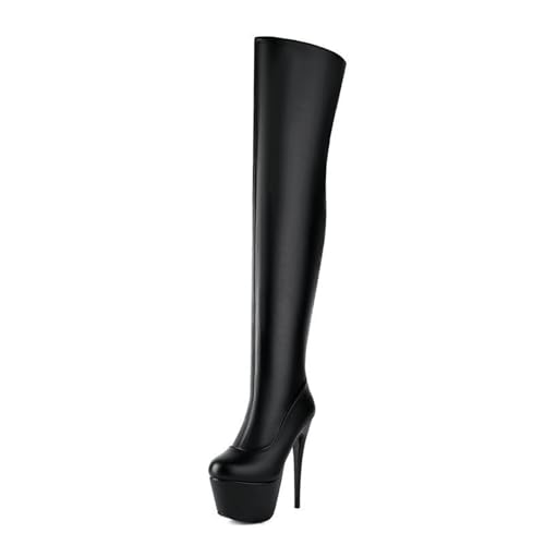 WOkismD 16CM Über Das Knie Stiefel Dicke Sohle Elastische Stiefel Frauen Lange Stiefel Super High Heels Stiefel Lange Stiefel Runde Zehe,Schwarz,40 EU von WOkismD