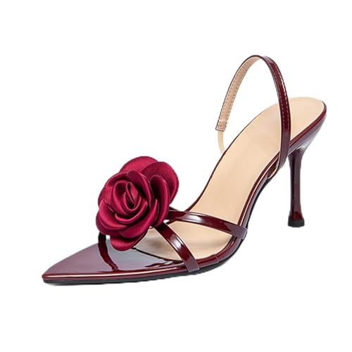 WOkismD 3,5-Zoll-Stiletto-Sandalen für Damen Offene Zehenpartie Slingback Sommer Lackleder Heels,Rot,43 EU von WOkismD