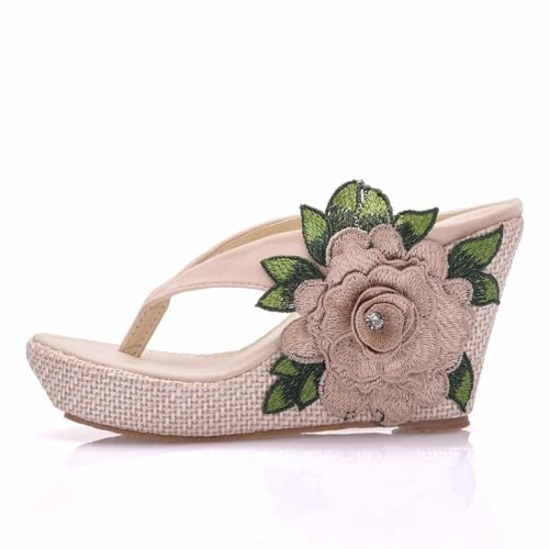 WOkismD 3.5IN Damen Stickerei Pantoletten Keilsandalen Strand Menschen Keilsandale Offene Zehe Sommer Hausschuhe,Beige,42 EU von WOkismD