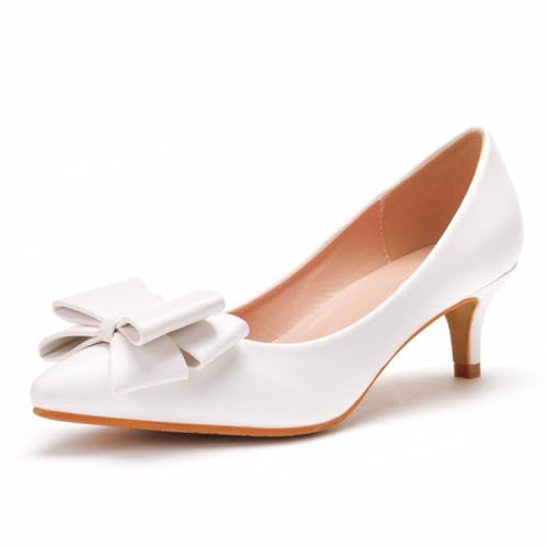WOkismD 5CM Damen Schleife Heels Geschlossene Spitze Spitze Kleid Schuhe Stiletto Slip on Hochzeit Pumps,Weiß,37 EU von WOkismD