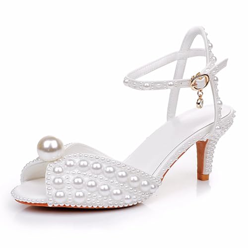 WOkismD 6,5 cm Frauen Hochzeitsschuhe Slingback High Heel Party Abend Sandalen mit Perle,Weiß,43 EU von WOkismD