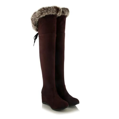WOkismD 6.5CM/ 2.55IN Overknee-Stiefel, Keilabsatz High-Heeled Samt High-Top Knie-High Herbst und Winter Schnürstiefel,Braun,36 EU von WOkismD