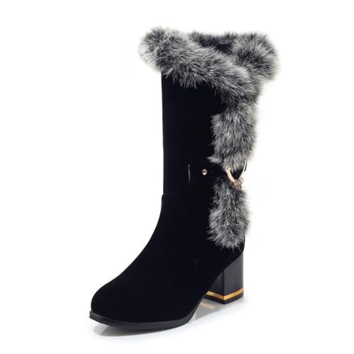 6CM/ 2.36IN Große Größe Dicke Ferse High Heel Mid-Calf Stiefel Warme Herbst und Winter Damen Stiefel,Schwarz,44 EU von WOkismD