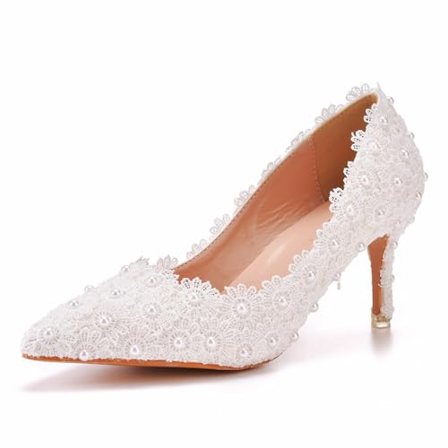 WOkismD 7,5 cm Frauen Low Heel Geschlossene Zehe Pumps Spitze Hochzeit Brautschuhe mit Nähten Spitze,Weiß,38 EU von WOkismD