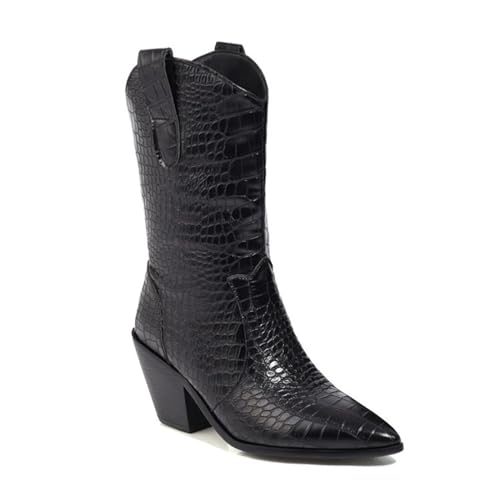 WOkismD 7.5CM/ 2.95IN Herbst Große Größe Medium Heel Spitz Zehe Mid-Calf Damen Stiefel,Schwarz,46 EU von WOkismD