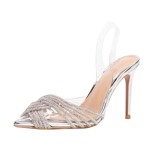 WOkismD 7CM Damen Klare Strass Riemchen Sandalen mit Absatz Transparent Block High Heels Slides Slipper Brautkleid,Clear,40 EU von WOkismD