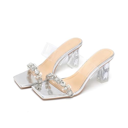 WOkismD 7CM Damen Sandalen mit klarem Absatz Zwei Riemen Quadratische Zehenpartie Slip On Chunky Block Heels Anzugschuhe,Silber,37 EU von WOkismD