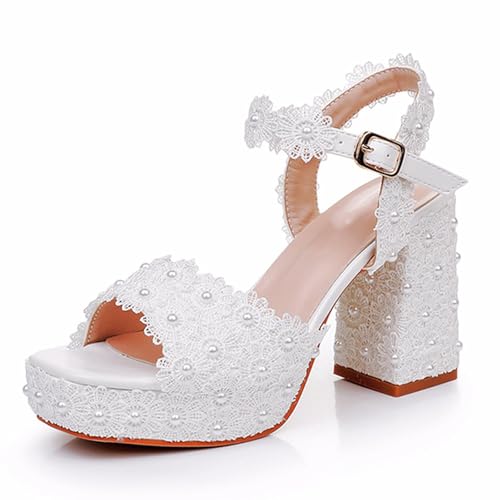 WOkismD 9,5 cm Damen Brautschuhe Offene Zehe Mittlerer Blockabsatz Spitze Satin Knöchelriemen Bequemes Brautkleid Pumpsandalen,Weiß,39 EU von WOkismD