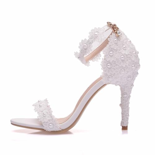 WOkismD 9,5 cm Frauen Weiß Spitze Knöchelriemen High Heel Sandalen Stiletto Heels Braut Hochzeit Party Abend,Weiß,37 EU von WOkismD