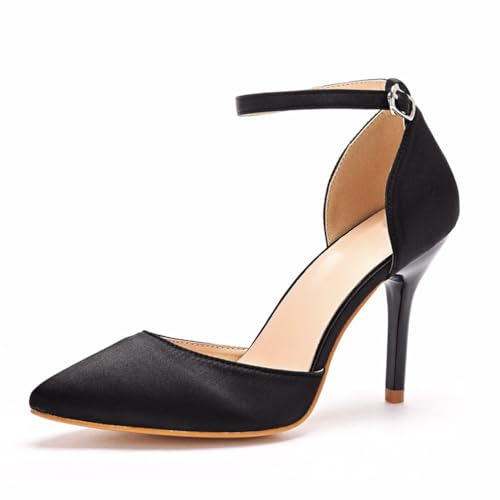 WOkismD 9.5CM Damen Spitze Zehen Pumps Knöchelriemen Schnalle Stiletto Block Heel Kleid Schuhe,Schwarz,36 EU von WOkismD