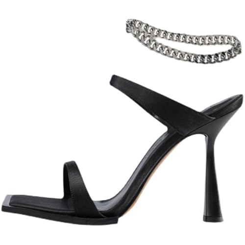 WOkismD 9CM Square Toe Chain Stiletto Heels Riemchensandalen für Damen,Schwarz,38 EU von WOkismD