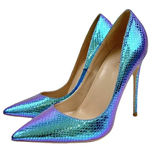 WOkismD Blaue Pumps mit Schlangenmuster für Damen zum Hineinschlüpfen mit Spitzen Zehen 4,7-Zoll-Stiletto-Absatz für Brautpartys für lässige Hochzeiten,Blau,39 von WOkismD