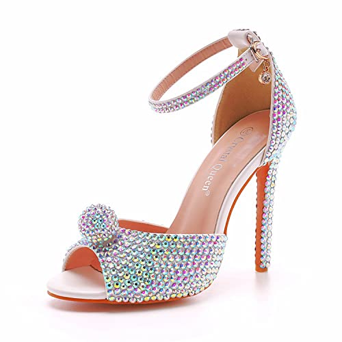 WOkismD Damen 4,3 Zoll Stiletto High Heel Elegant Open Toe Ankle Strap Sandaletten mit Strasskugeln Bunte Glitter Sparkly Wedding Bride Prom Dress Schuhe,Blau,36 von WOkismD