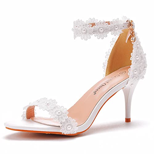 WOkismD Damen Ankle Strap Kitten Heels Peep Toe Hochzeitssandalen Volle Perlen Weiße Spitzensandalen für Hochzeit, Party, Geburtstag und Abendschuhe,Weiß,35 von WOkismD