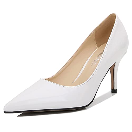 WOkismD Damen Classy Spitzige Zehenpumpen Party Event Komfort High Heels 2.9" Kätzchen Mitte Absatz Lackleder Slip On Hochzeit Braut Büro Kleid Pumps Schuhe,Weiß,38 von WOkismD