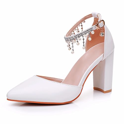 WOkismD Damen Geschlossene Spitze Zehenpartie Chunky High Heels Kleid Pumps Block Knöchelriemen Schuhe für Party Hochzeit Büro,Weiß,36 EU von WOkismD
