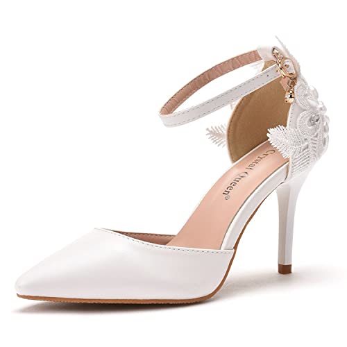 WOkismD Damen Knöchelriemen Stiletto High Heel Pumps Klassische Party Hochzeit Pumps mit Spitzen Zehen und weißen Spitzenblumen,Weiß,39 von WOkismD