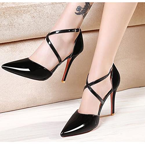 WOkismD Damen Lackleder High Heel Sexy Spitze Geschlossene Zehe Stiletto Pumps Kreuz Riemchen Hochzeit Abendkleid Schuhe,Schwarz,40 von WOkismD