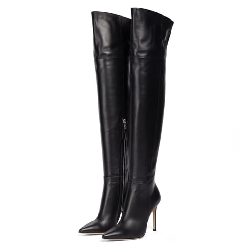 WOkismD Damen-Leder-PU-Oberschenkelhohe Stiefel mit spitzer Zehenpartie, seitlicher Reißverschluss, modische, bequeme Stiletto-High-Heel-Overknee-Stiefel, hohe Stiefel-Kleiderschuhe,Schwarz,39 von WOkismD