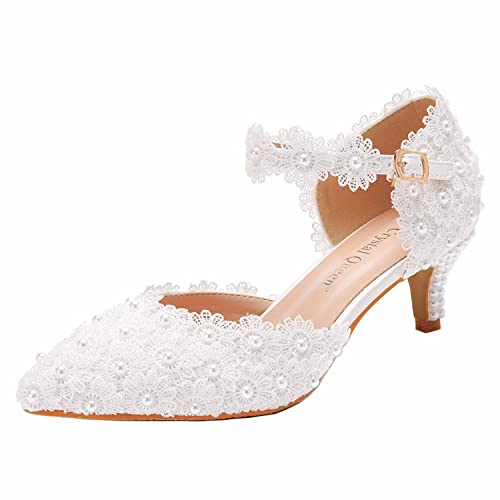 WOkismD Damen Low Kitten Heels Pumps Ankle Strap Closed Pointed Toe Full Lace Pearl Pumps Wedding Lady Dress Comfort Bride Schuhe,Weiß,37 von WOkismD