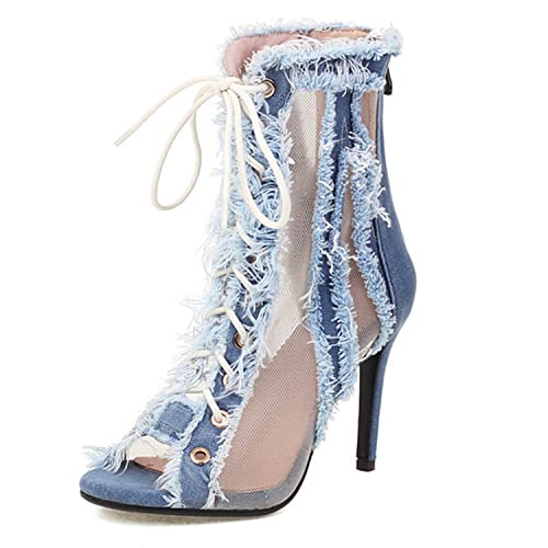 WOkismD Damen Mesh Denim Stiefeletten Peep Toe Stiletto Booties Schnürung hinten Reißverschluss Mode Booties Party Prom Abend Hochzeitskleid Schuhe,Blau,40 von WOkismD