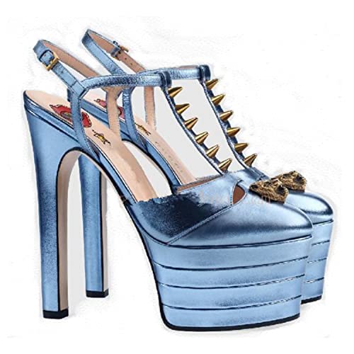 WOkismD Damen Nieten Plateau Stiletto High Heels Knöchelriemen geschlossene runde Zehen Pumps Slingback T-Riemen 6,3 Zoll Heels Kleid Hochzeit Party Club Nachtschuhe,Blau,35 von WOkismD