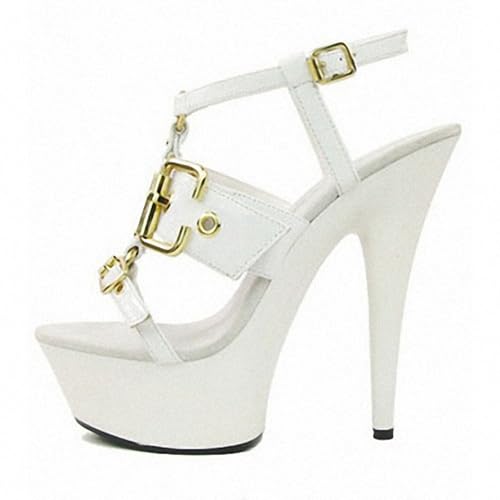 WOkismD Damen Offene Zehenpartie Stiletto Heels T-Riemchen Plateau High Heels Sandalen für die Abschlussball-Ankleideparty,Weiß,45 EU von WOkismD