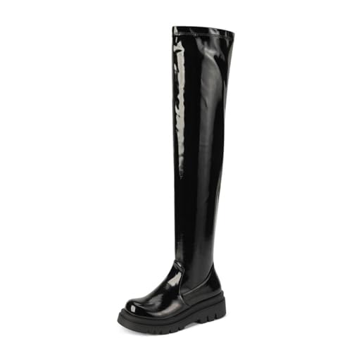 WOkismD Damen Overknee Stiefel Herbst und Winter Square Toe Elastische Stiefel Hohe Dicke Sohle Ritter Stiefel,Schwarz,41 EU von WOkismD