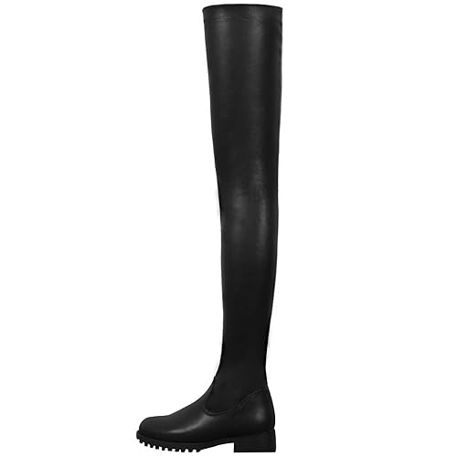 WOkismD Damen Overknee Stiefel - Kniehohe Ritter Stiefel Mit Dicken Sohlen, Low Heels, Seitlichen Reißverschlüssen - Große Größe, Schwarz, 43 EU von WOkismD