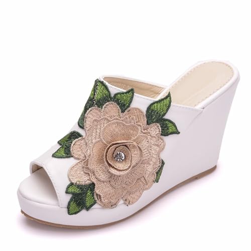 WOkismD Damen Plateau Slide Sandalen Peep Toe High Wedge Hausschuhe,Weiß,38 EU von WOkismD