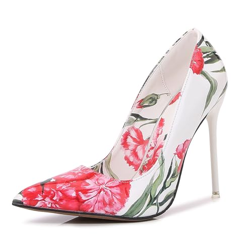 WOkismD Damen-Pumps, 10,9 cm (4,3 Zoll), hohe Absätze für Damen, Spitze, geschlossene Zehenpartie, Lackleder, bunter Aufdruck, Schlupfschuhe mit Stiletto-Absatz, Hochzeit, Ballkleid,Weiß,38 von WOkismD