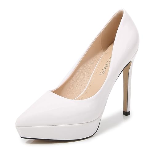 WOkismD Damen-Pumps mit Plateau-High-Heels, spitz, geschlossener Zehenbereich, 11,9 cm, Stilettos zum Hineinschlüpfen für Kleid, Hochzeit, Party, Abschlussball,Weiß,45 von WOkismD