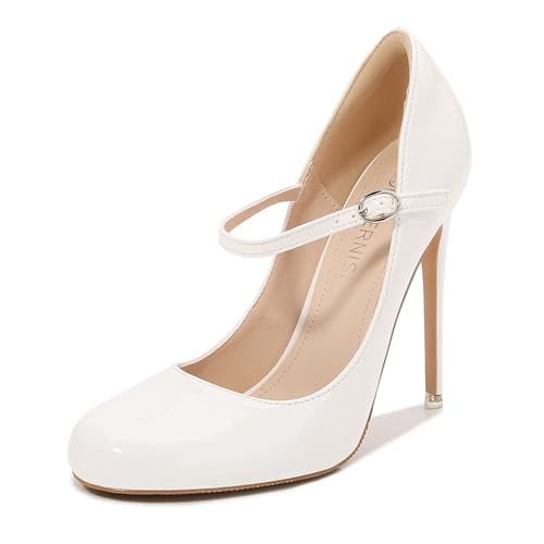 WOkismD Damen-Pumps mit hohem Absatz aus Lackleder, geschlossene runde Zehenpartie, Stiletto-Absatz, 11,9 cm, Knöchelriemen, Kleid, Hochzeitsschuhe,Weiß,45 von WOkismD