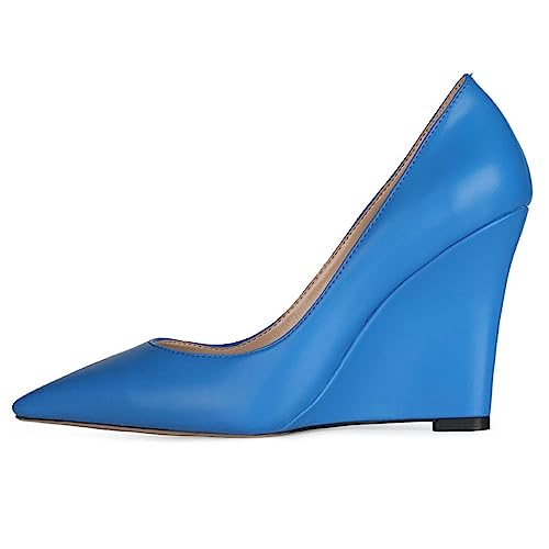 WOkismD Damen-Pumps mit hohem Keilabsatz, sexy, Spitze Slip-on-Wedges, geschlossene Zehen, Bequeme Pumps, Schuhe für Hochzeit, Büro, Abend,Blau,36 von WOkismD